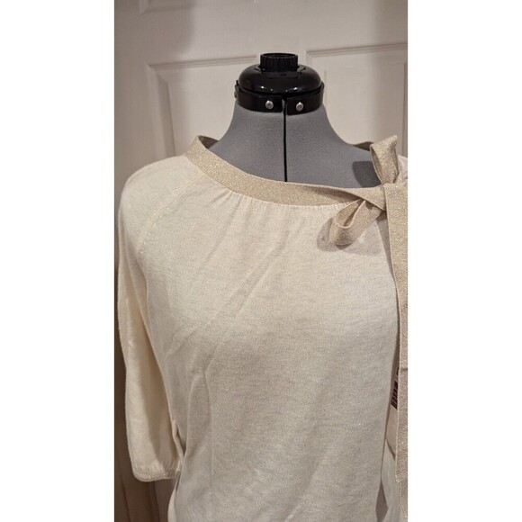 Cable And‎ Gauge Cashmere Blend Bow Neck Sweater Ivory Gold Bow  SZ L Coquette - Picture 3 of 6